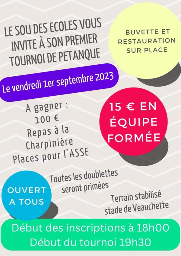 Vendredi 1er septembre tournoi de pétanque du Sou des Ecoles Ecole